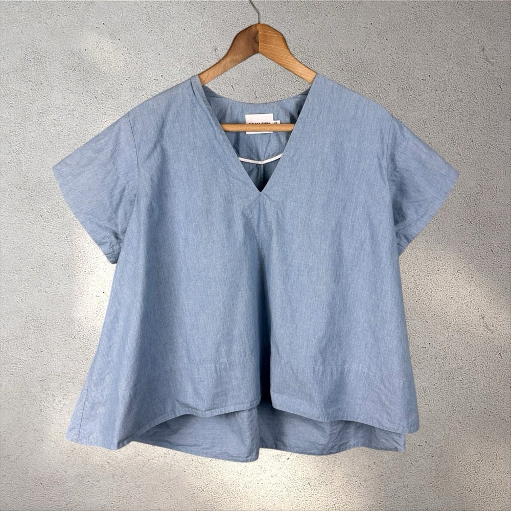 Fabiana Pigna Blue Cotton Linen Blouse Handmade in USA Minimalist Designer Sz XS